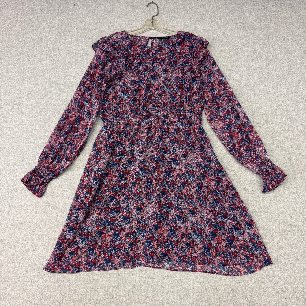 Banana Republic | Ruffle Mini Dress | L | Red Blue Pink | Floral Smocked Sleeve